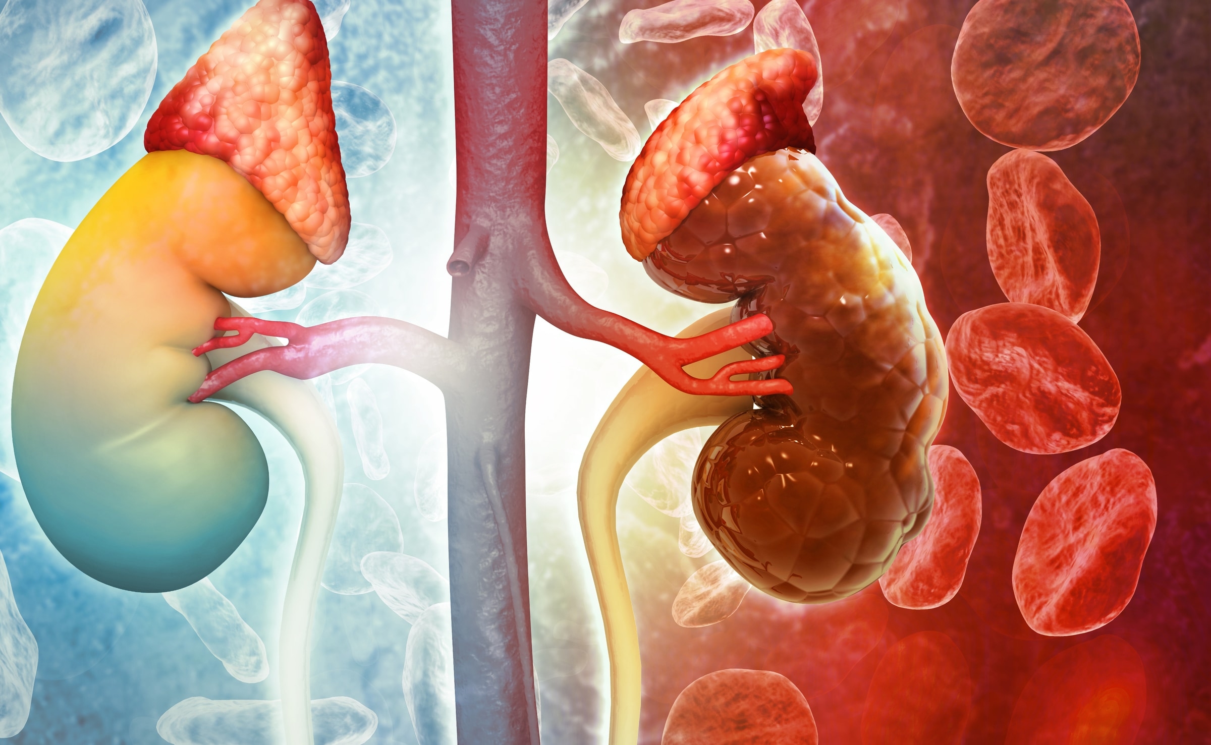 A side-by-side illustration comparing a healthy kidney with a diseased one
