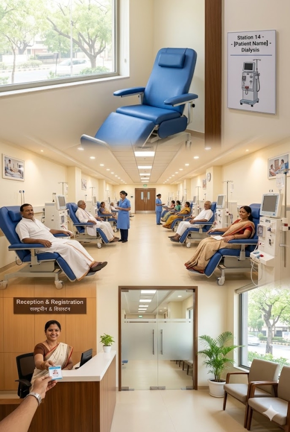 A dialysis chair beside a window on an AKC treatment floor, with the station number and patient name displayed on the wall alongside it.