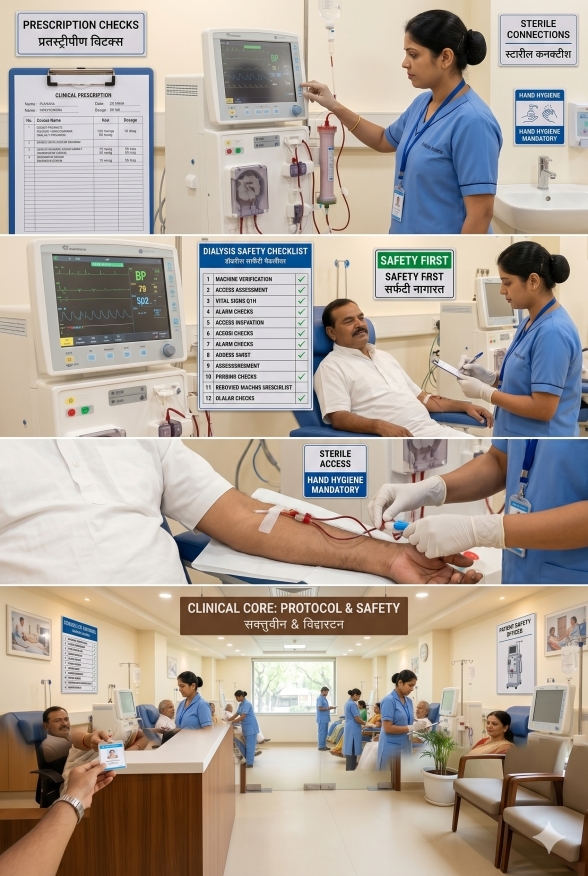 A nurse checking a dialysis machine against a written prescription, a patient monitored mid-session beside a completed safety checklist, and a technician cannulating a vascular access under sterile conditions.
