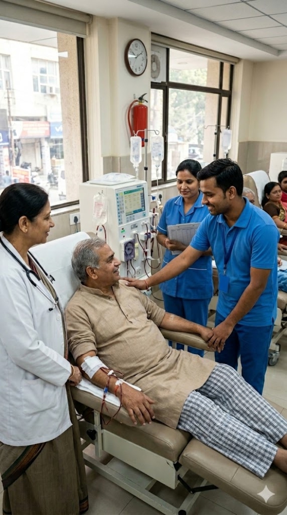 A dialysis technician resting a hand on the shoulder of a seated patient mid-session, with a nephrologist and nurse reviewing his chart beside the machine.