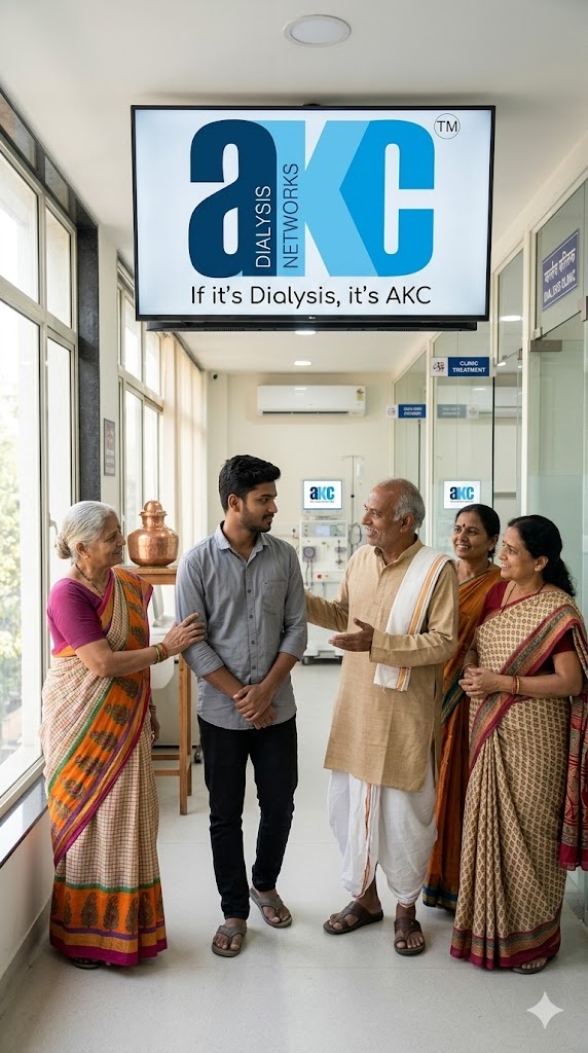 Two families talking together in the corridor of an AKC centre beneath the branded signage, a long-tenure patient in conversation with a younger one.