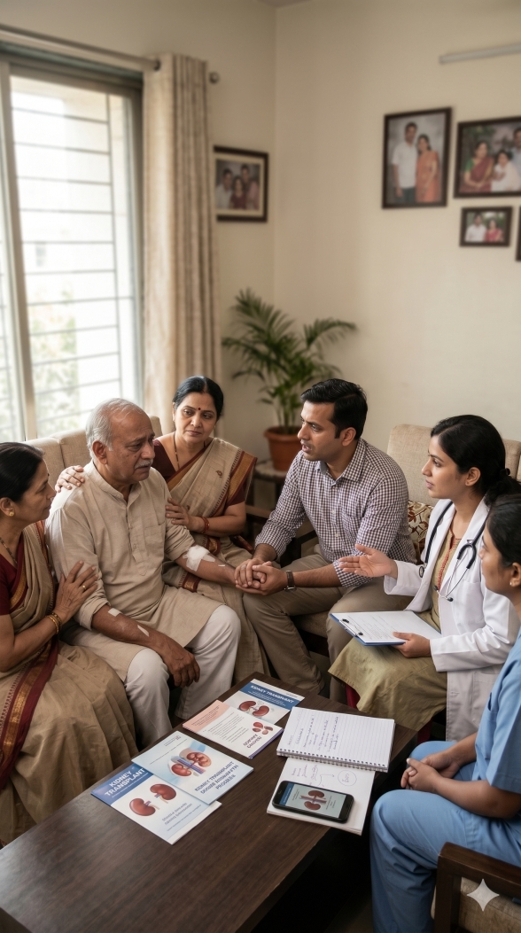 A nephrologist sitting with a patient and his family at home, talking them through transplant options while a colleague takes notes.