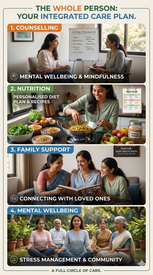 Care beyond the dialysis chair: a mindfulness session, a patient preparing a renal-diet meal from a personalised plan, and a family reading together at home.