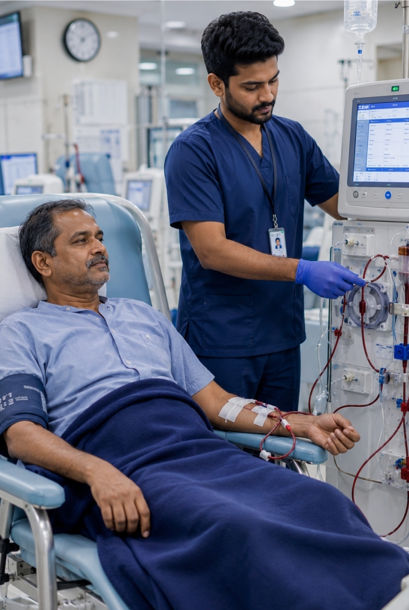 A dialysis professional at the machine beside a patient during a session