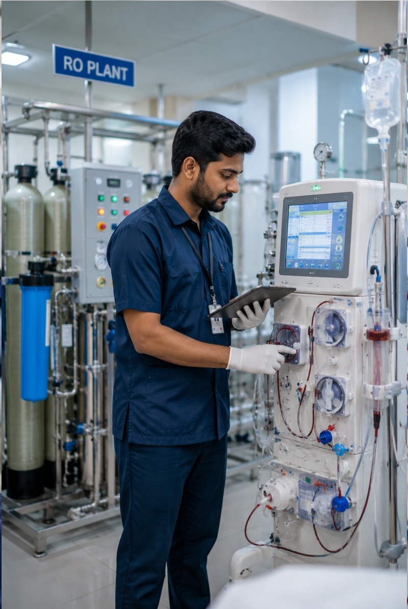 A biomedical engineer checking a dialysis machine in front of the RO water plant