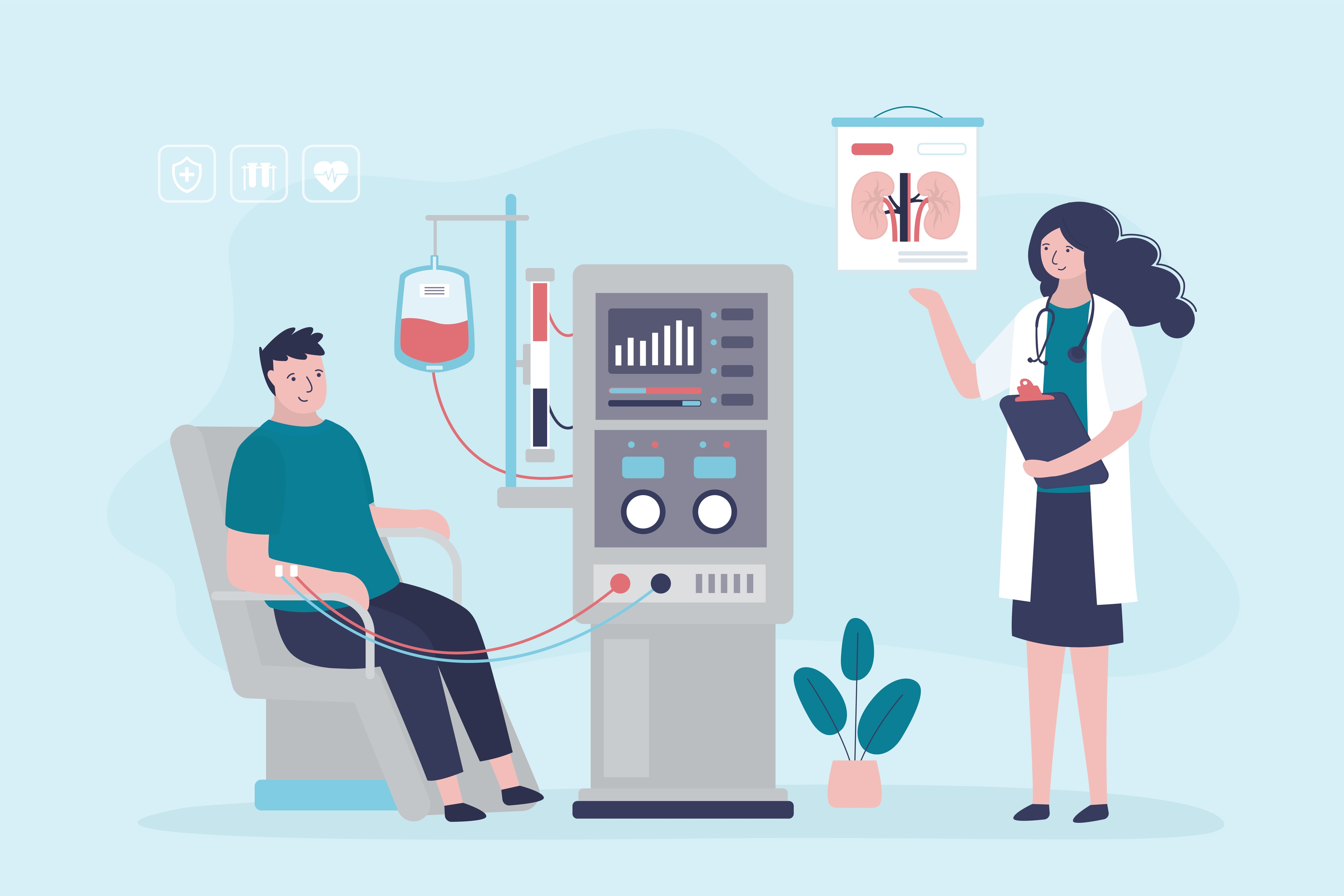 A patient on a dialysis machine while a nephrologist explains how the kidneys filter blood