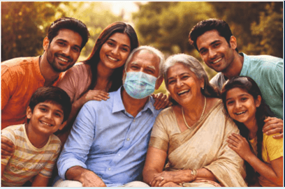 Three generations of an Indian family sitting together outdoors