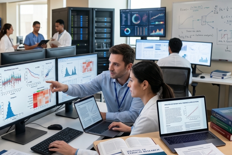 AKC researchers reviewing dialysis cohort charts and survival curves across a wall of monitors in the data room.
